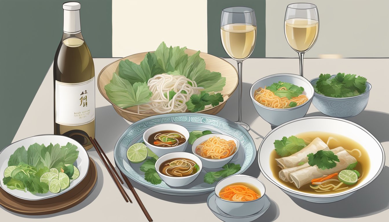 A table set with a steaming bowl of pho, a plate of spring rolls, and a bottle of white wine