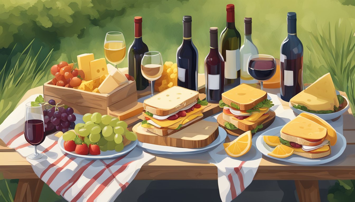 A picnic table with a variety of sandwiches, cheese, and fruit, surrounded by bottles of red and white wine