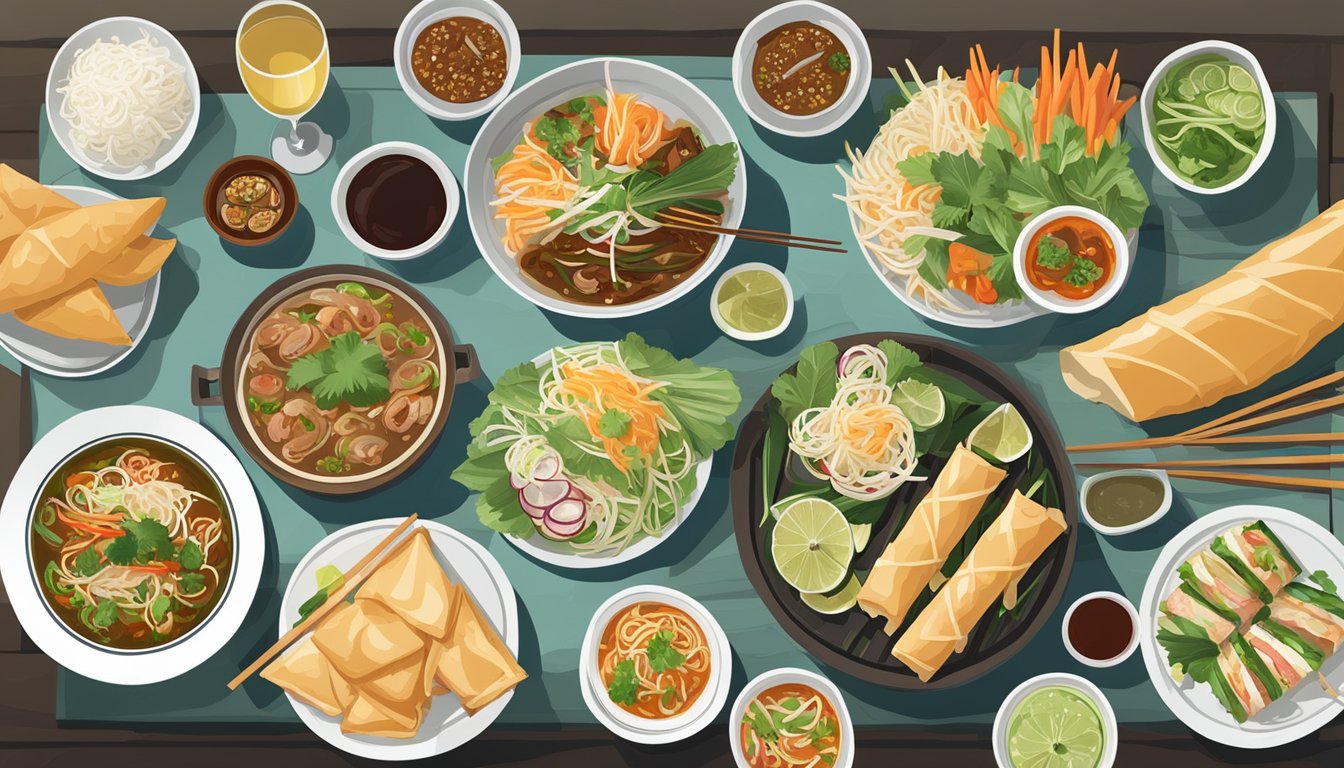 A table set with a spread of Vietnamese dishes, including pho, spring rolls, and banh mi, accompanied by a selection of wines