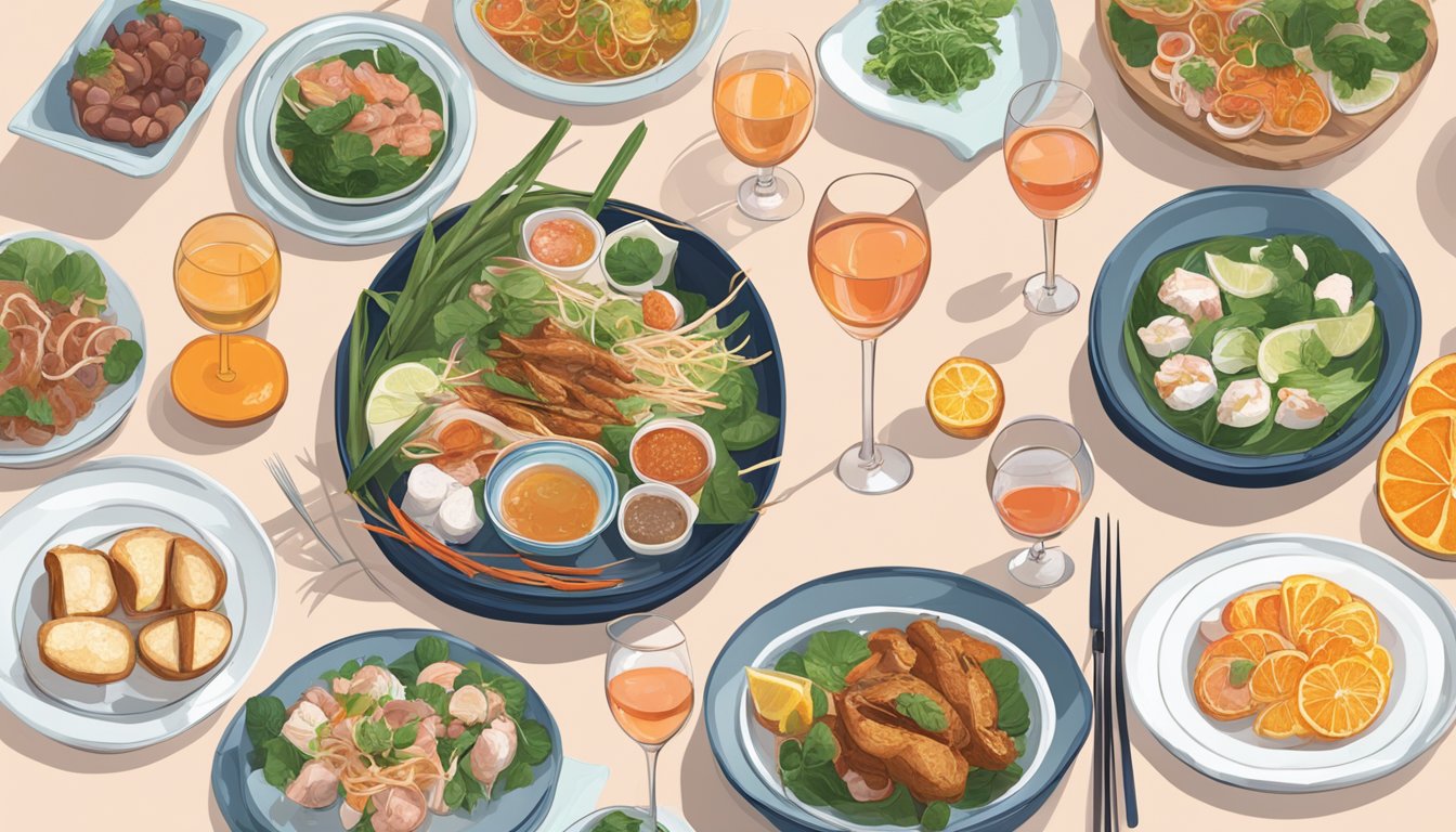 A table set with a spread of Vietnamese dishes, accompanied by glasses of sparkling, rosé, and orange wines