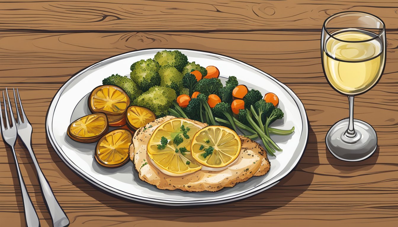 A plate of chicken piccata with a side of roasted vegetables and a glass of white wine on a wooden table