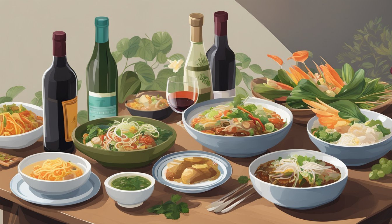 A table set with a spread of Vietnamese dishes and various wine bottles