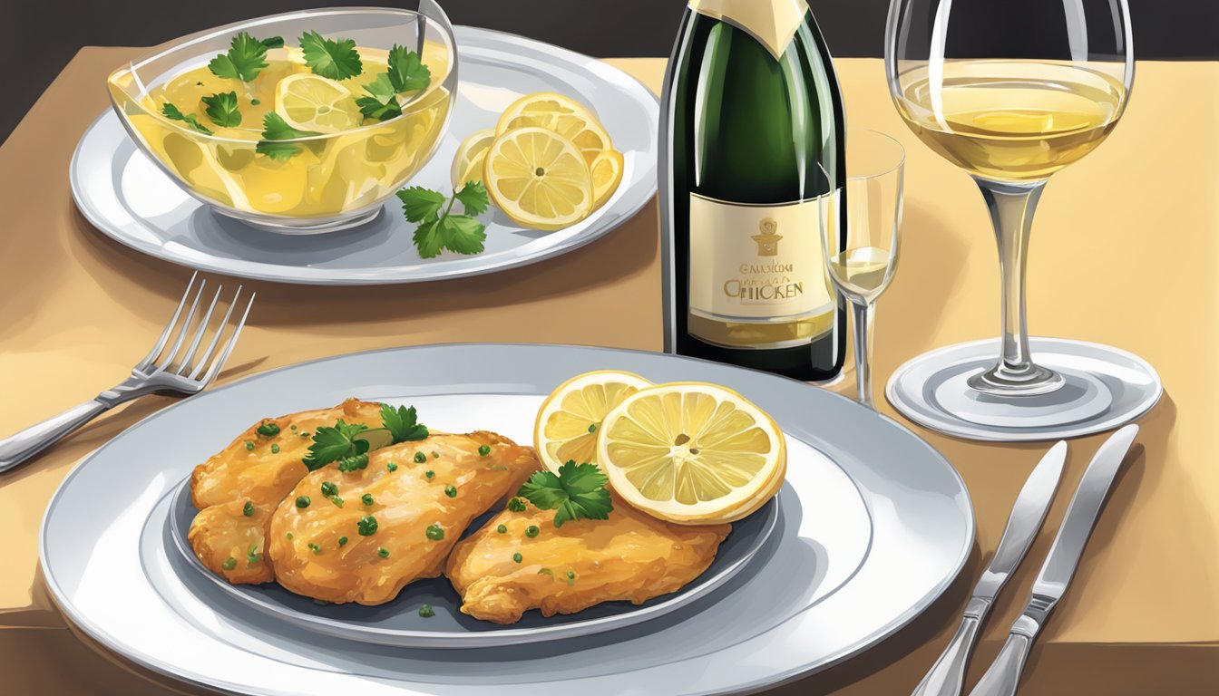 A table set with a plate of chicken piccata alongside a glass of red or sparkling wine