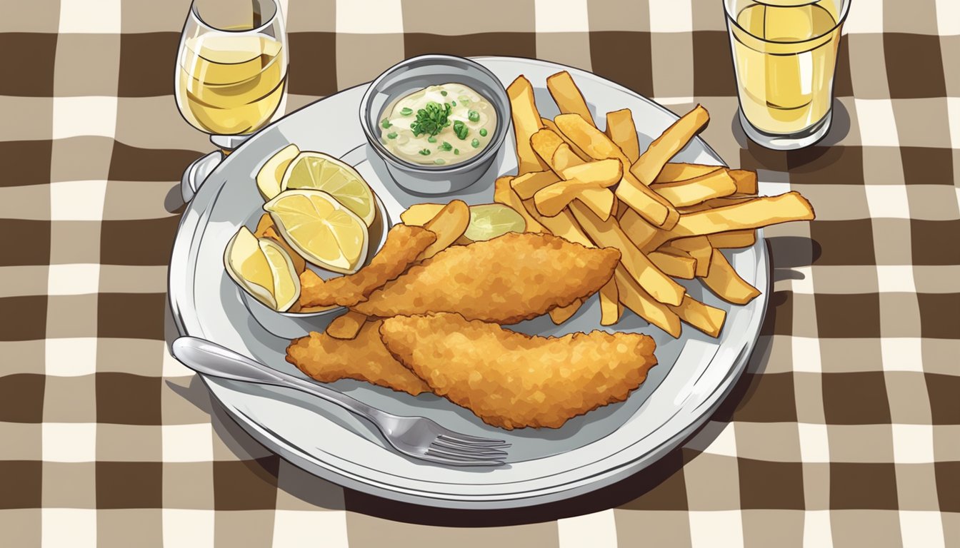 A plate of fish and chips with a glass of white wine on a checkered tablecloth