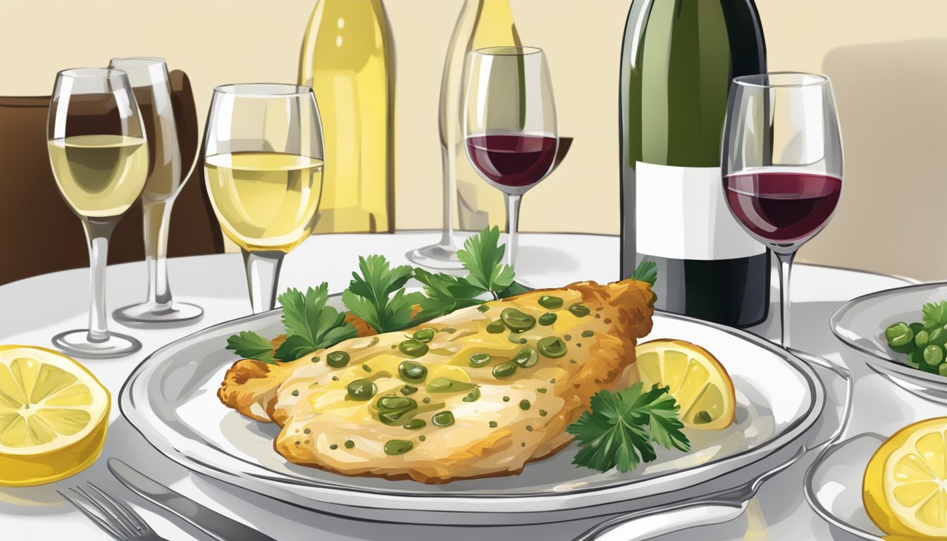 A table set with a plate of chicken piccata, a glass of white wine, and a bottle of the recommended wine