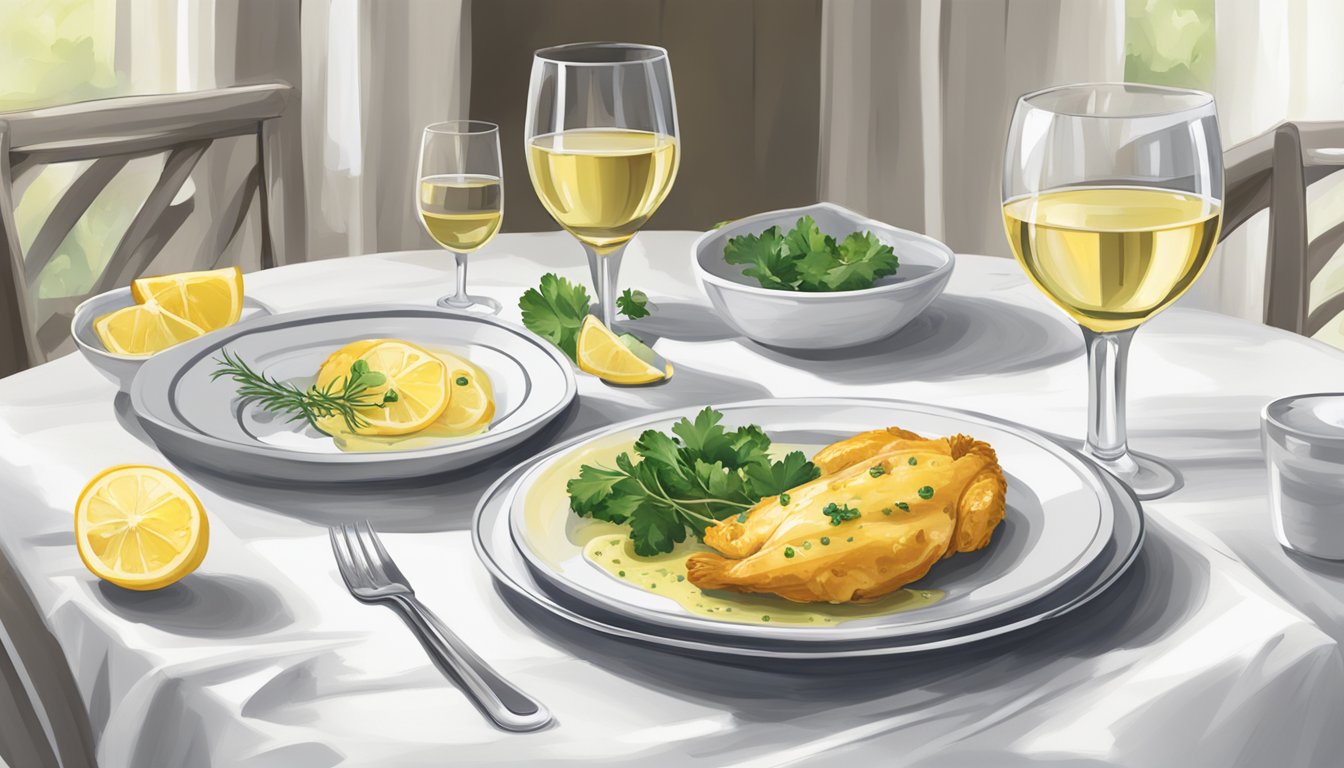 A table set with a white tablecloth and a plate of chicken piccata next to a glass of white wine