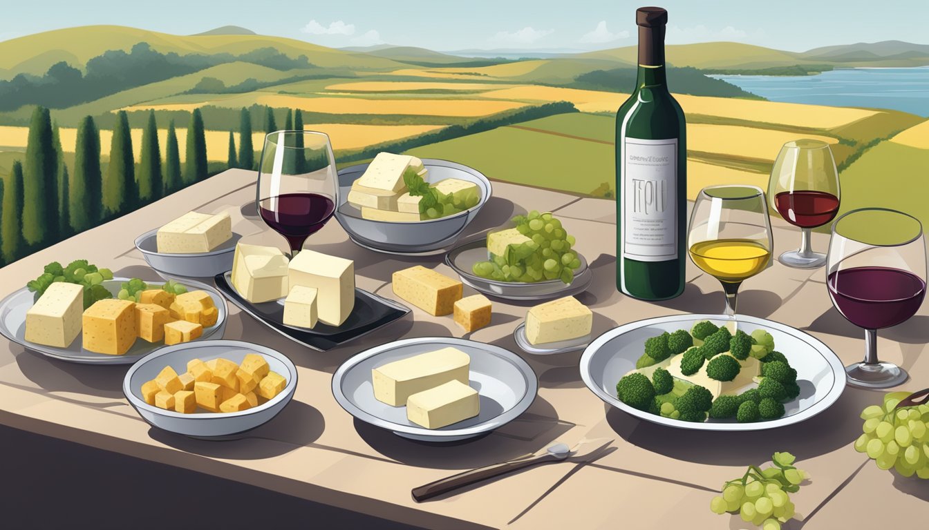 A table set with various types of tofu alongside a selection of different wines, creating a scene of exploration and experimentation in pairing flavors