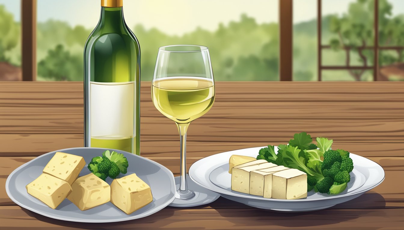 A glass of white wine next to a plate of tofu and vegetables on a wooden table