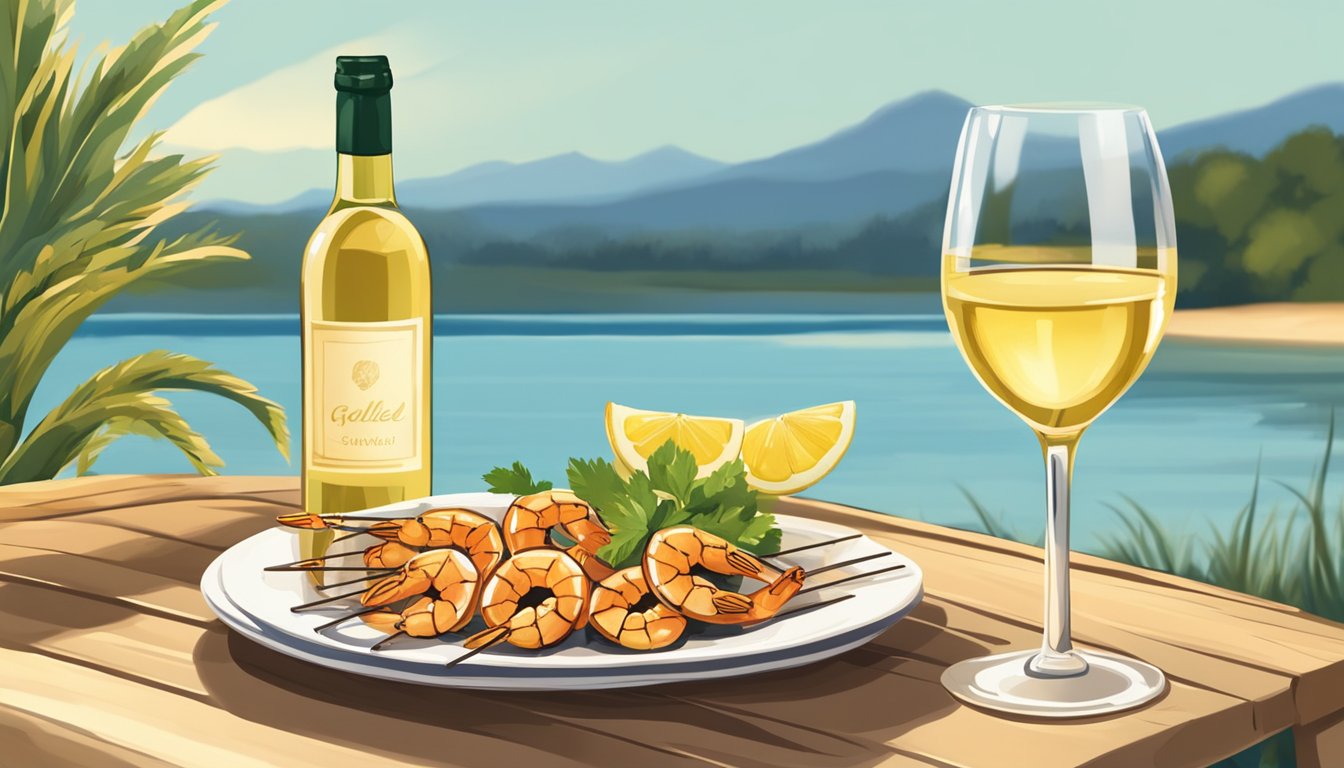 A table set with grilled shrimp skewers and a bottle of white wine. A relaxed outdoor setting with a warm, golden glow