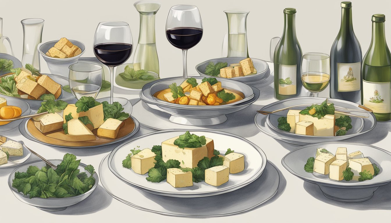 A table set with various tofu dishes and corresponding wine glasses