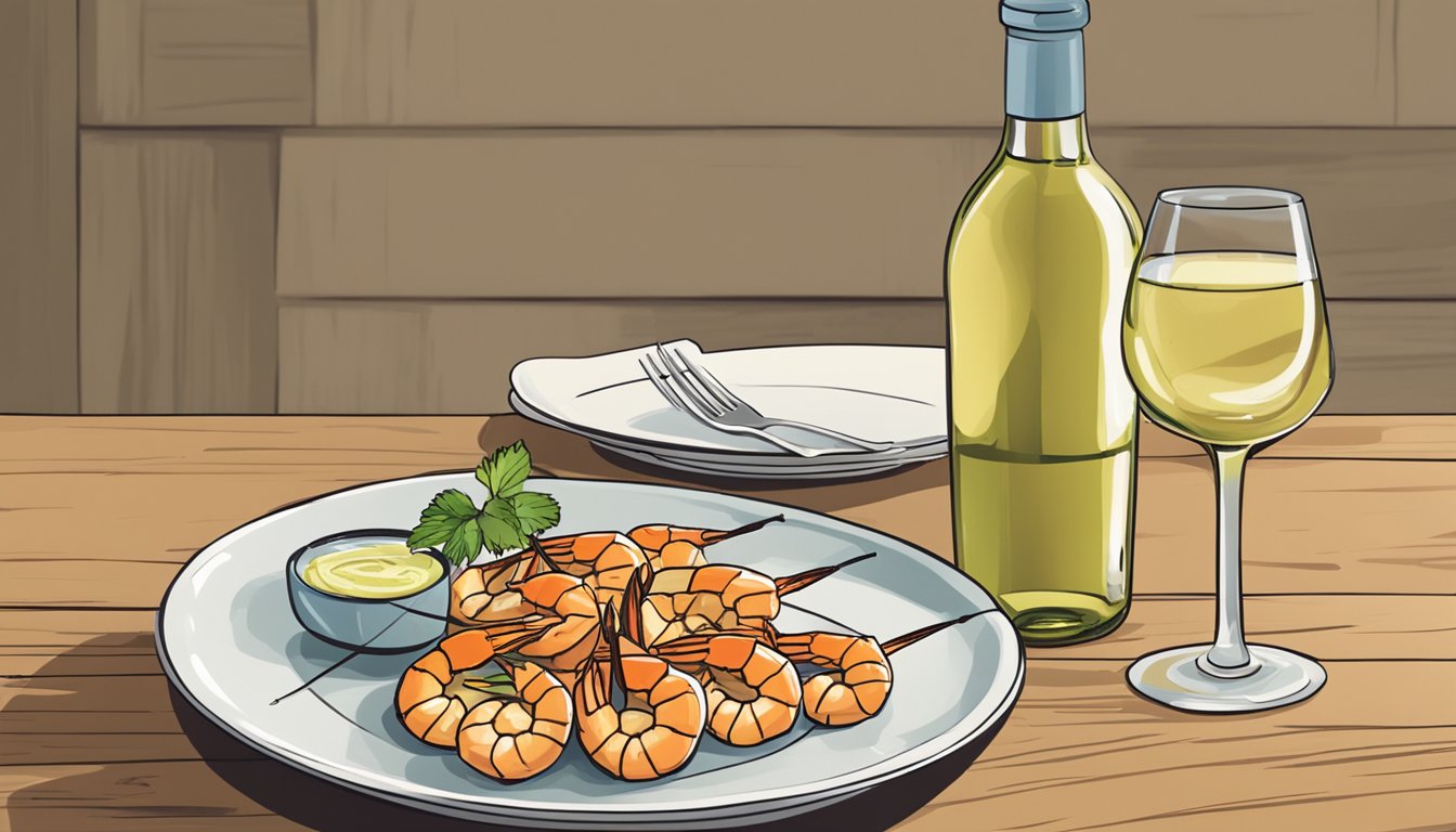 A bottle of white wine next to a plate of grilled shrimp skewers on a wooden table