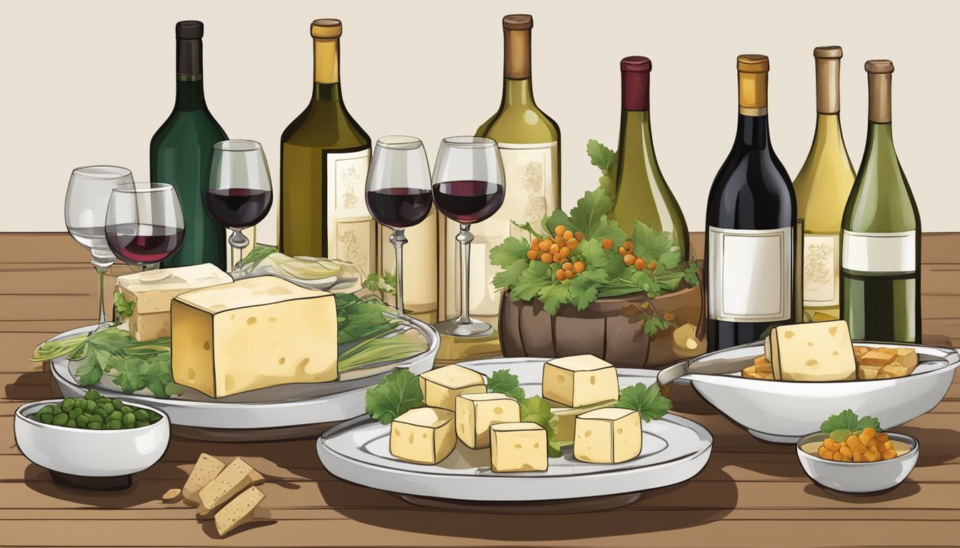 A table set with various tofu dishes and different types of wine bottles arranged for pairing