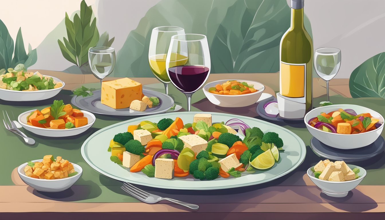 A table set with a colorful array of vegetarian and vegan dishes, with a bottle of wine and a plate of tofu as the centerpiece