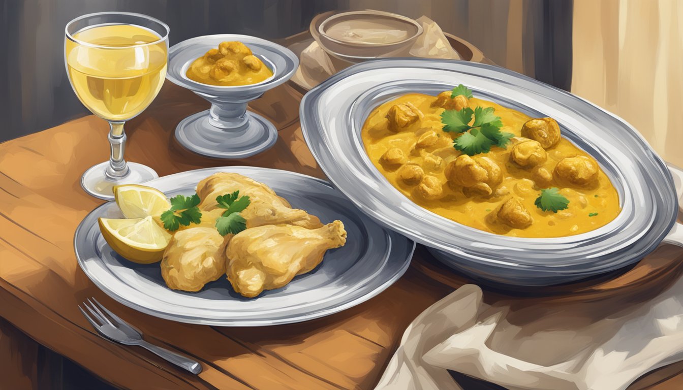 A table set with a steaming plate of chicken korma, accompanied by a glass of white wine