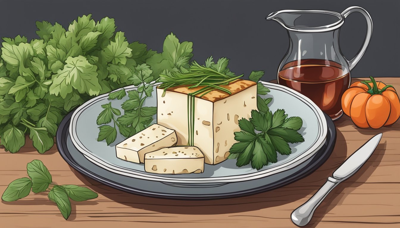 A bottle of red wine next to a plate of tofu, surrounded by fresh herbs and vegetables