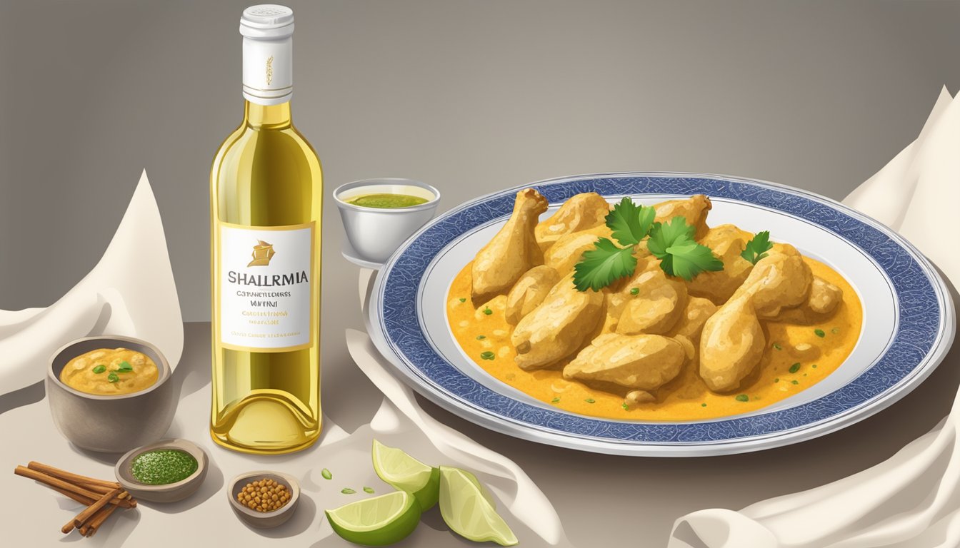 A bottle of white wine next to a plate of chicken korma with aromatic spices and creamy sauce