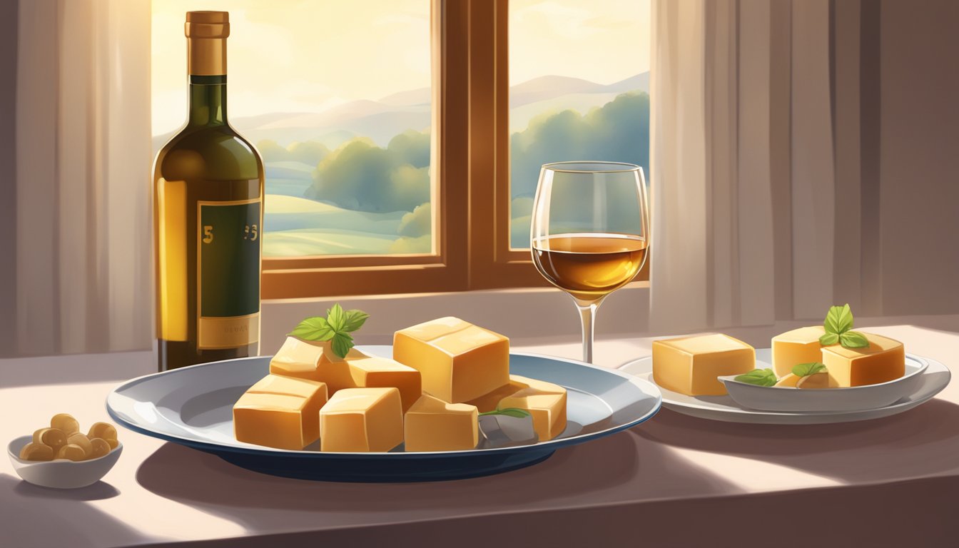 A glass of dessert wine next to a plate of sweet tofu, with a soft glow from the sunlight streaming through a window