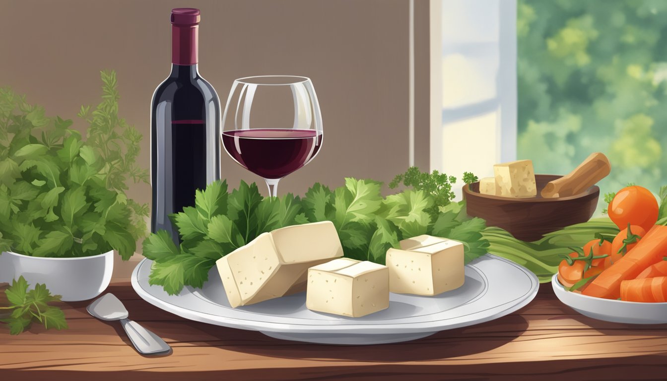 A bottle of red wine and a plate of tofu on a wooden table with a selection of fresh herbs and vegetables in the background