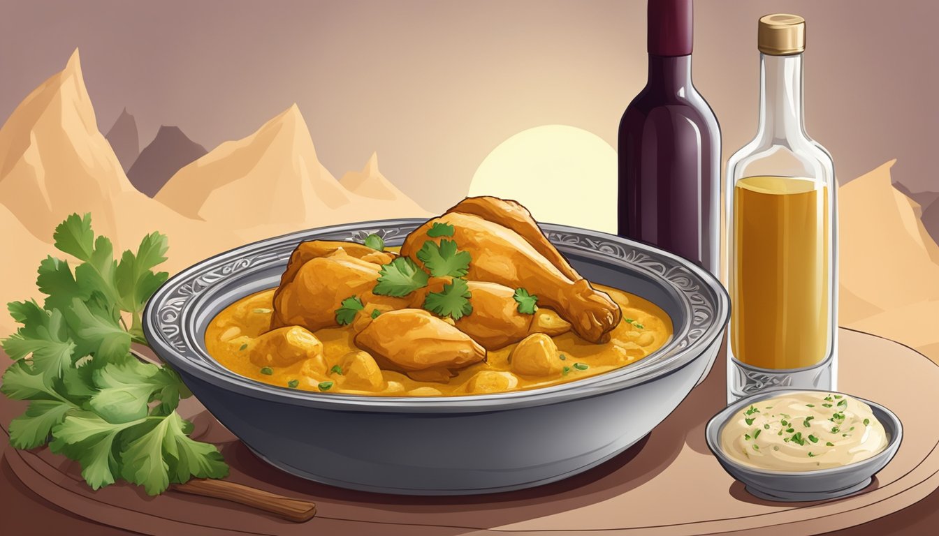 A bottle of red wine next to a plate of chicken korma with a rich, creamy sauce and aromatic spices