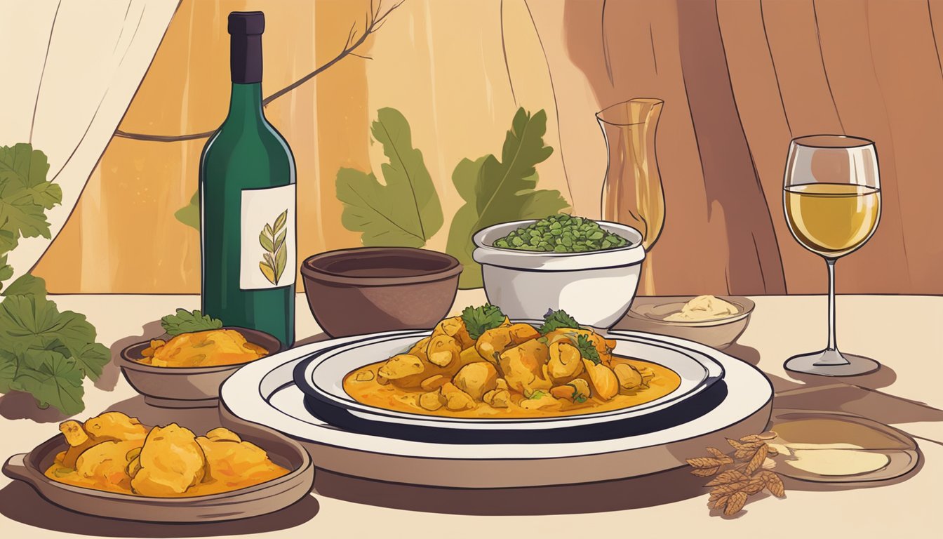 A table set with a steaming plate of chicken korma alongside a bottle of alternative wine, surrounded by warm, inviting colors