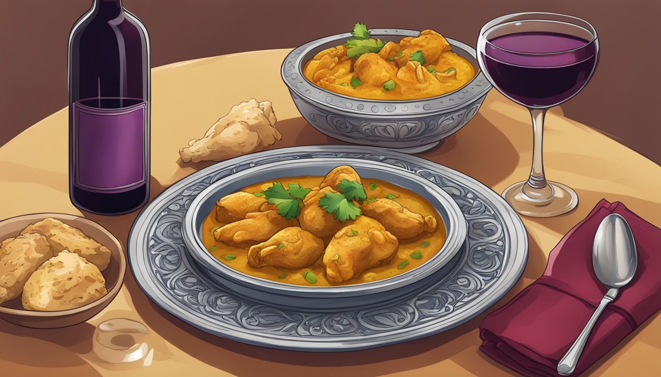 A table set with a steaming plate of chicken korma and a bottle of red wine