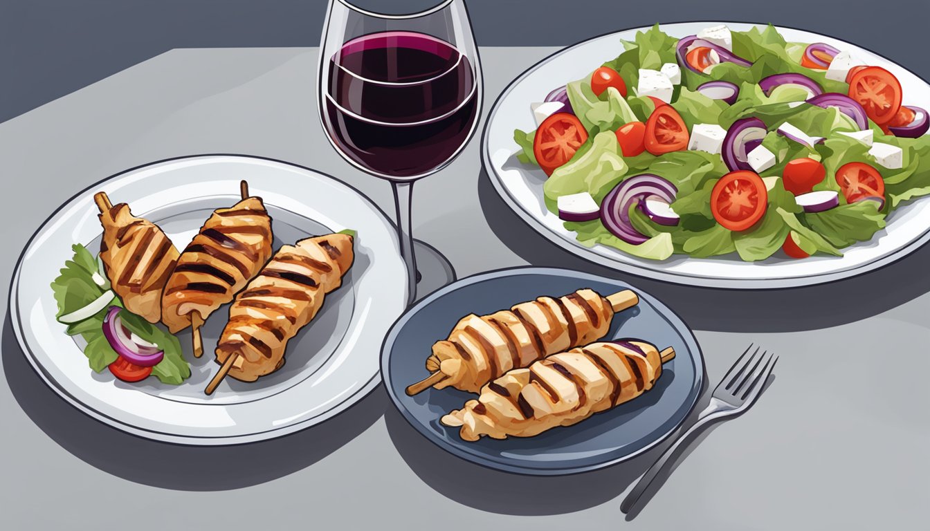 A table set with a plate of grilled chicken souvlaki, a glass of red wine, and a side of Greek salad