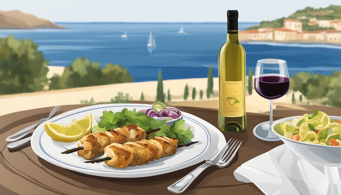 A table set with a plate of chicken souvlaki, a glass of white wine, and a bottle of wine with a Mediterranean-style backdrop