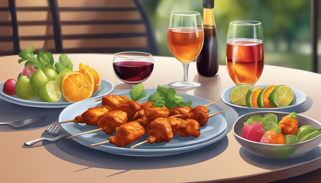 A table set with a plate of chicken tikka, a glass of red wine, and alternative beverages such as sparkling water, iced tea, and fruit juice