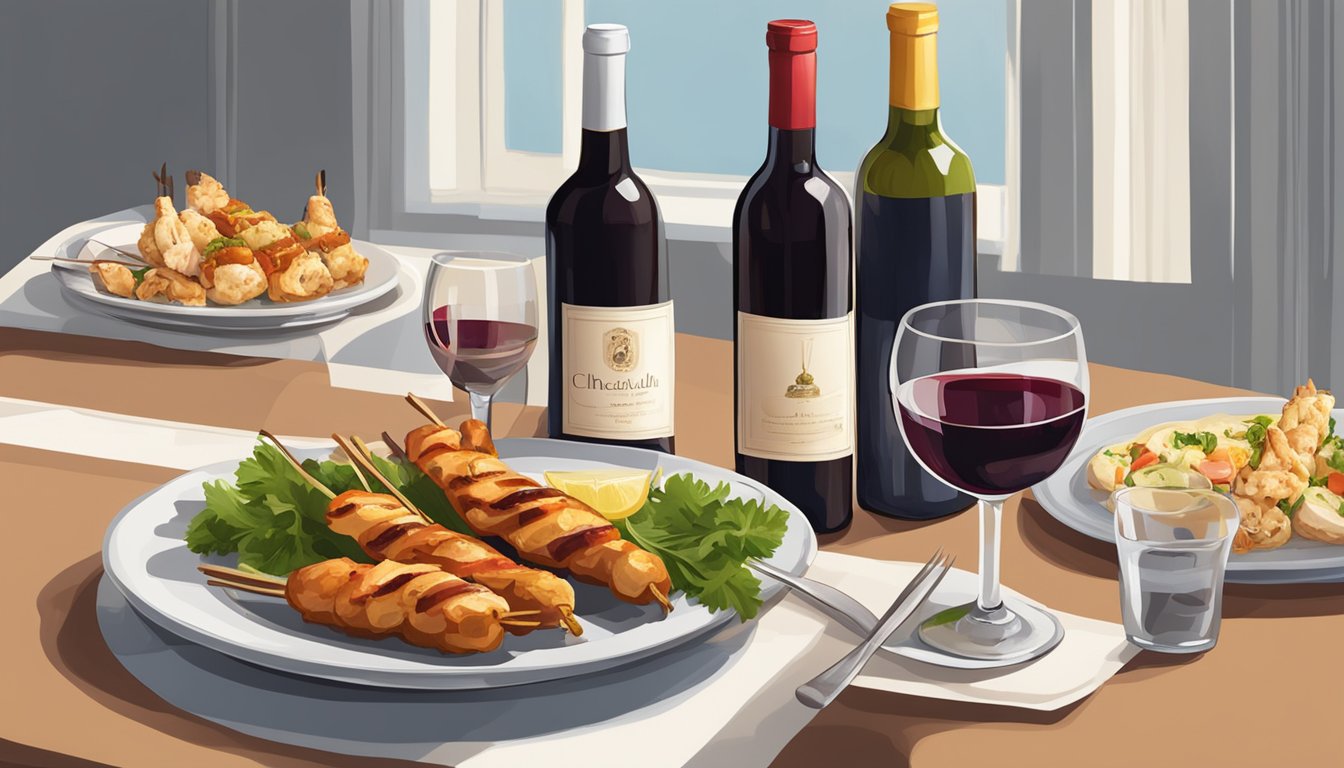 A table set with a variety of red wine bottles and a plate of chicken souvlaki