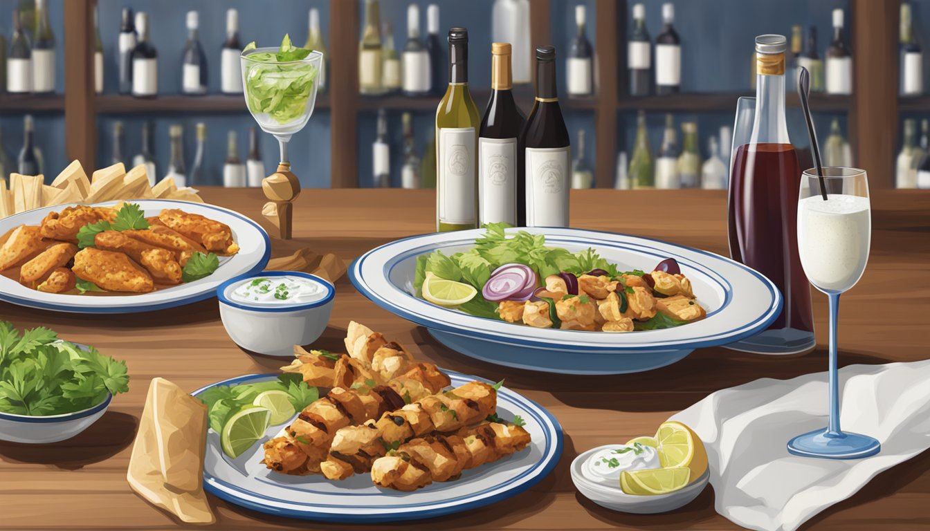 A table set with chicken souvlaki, tzatziki, and a variety of non-alcoholic and traditional Greek beverages, with a focus on pairing the meal with the perfect wine