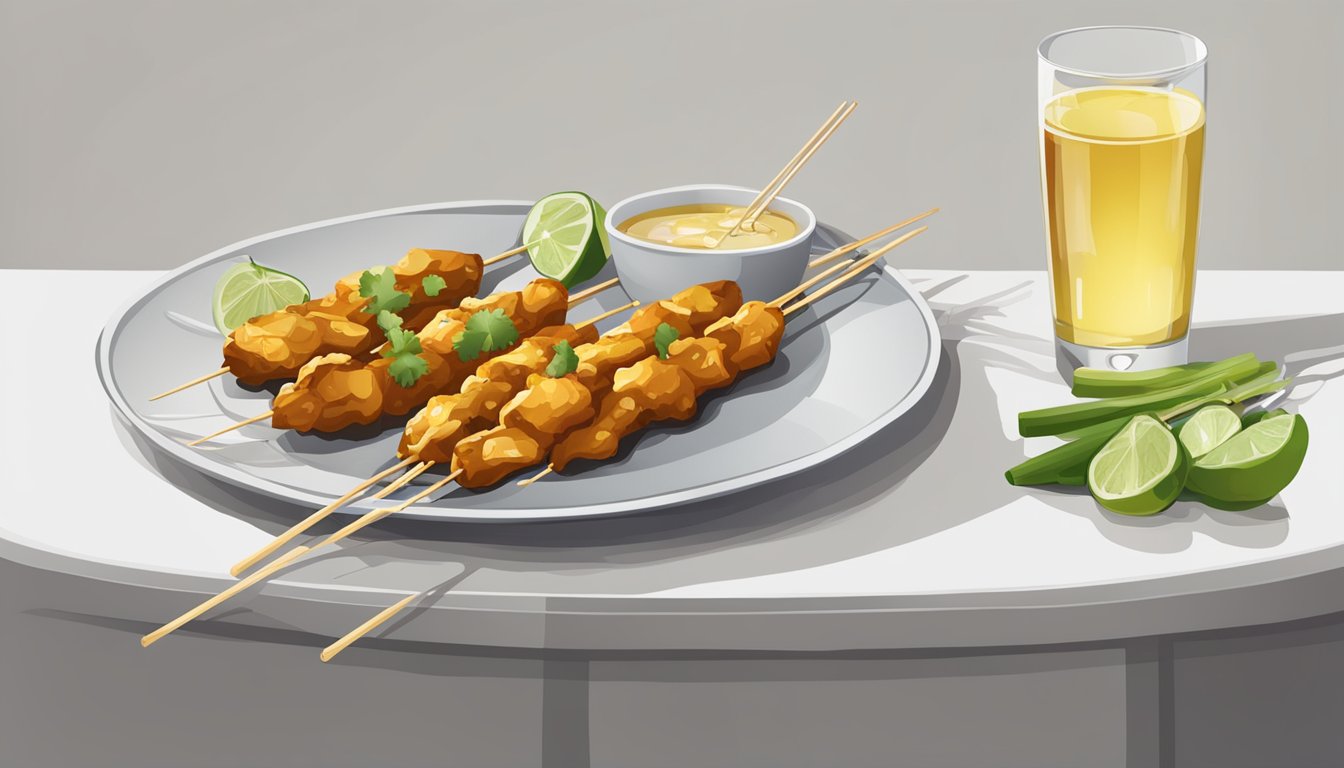 A table set with a plate of chicken satay, a bottle of white wine, and a glass