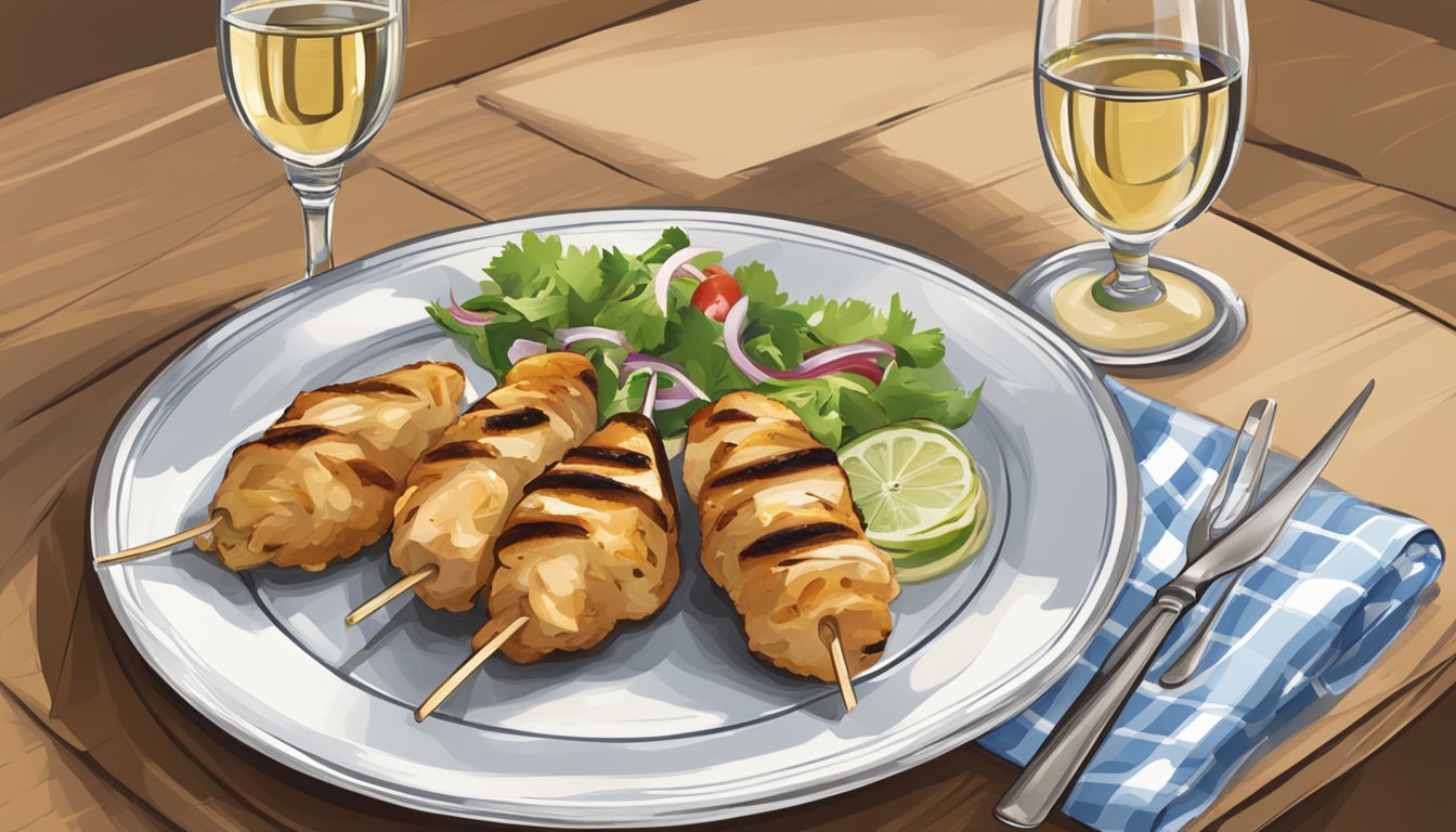 A table set with a plate of chicken souvlaki, a glass of white wine, and a decorative napkin