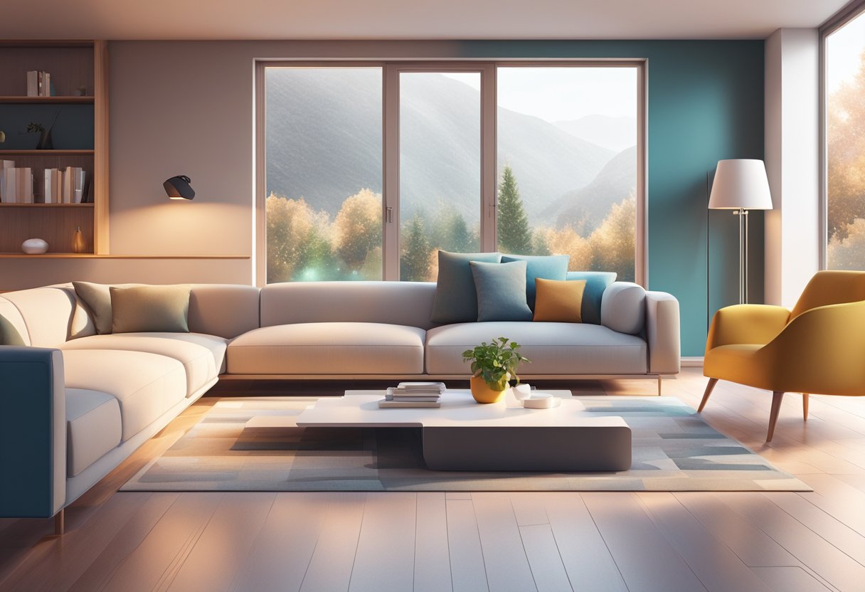 A modern living room with sleek smart home temperature sensors integrated into the walls and furniture, emitting a futuristic and minimalist vibe