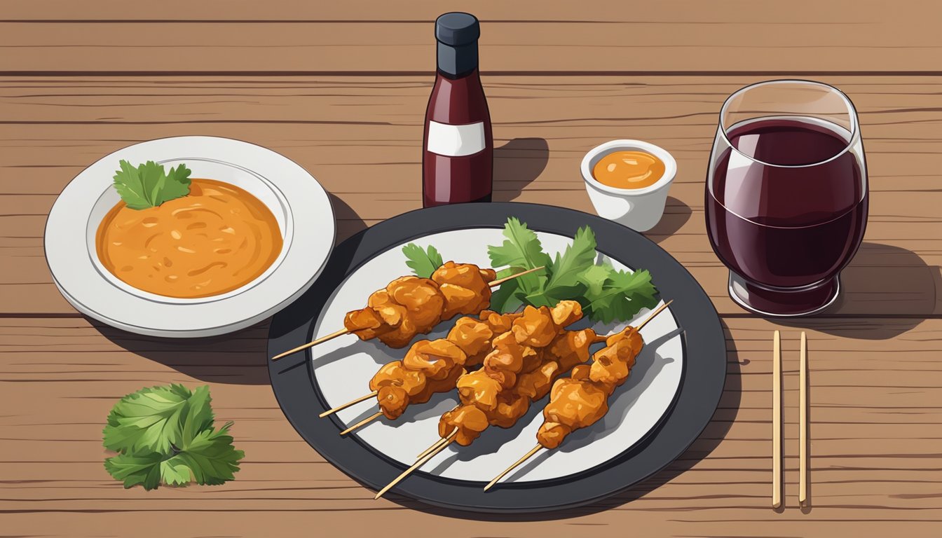 A bottle of red wine next to a plate of chicken satay with peanut sauce on a wooden table