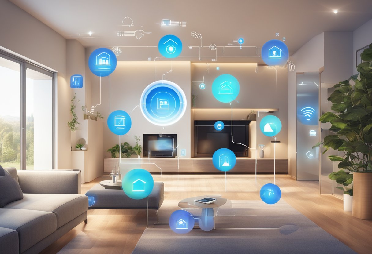 A modern smart home with various temperature sensors integrated into the environment, showcasing the evolution of home automation technology