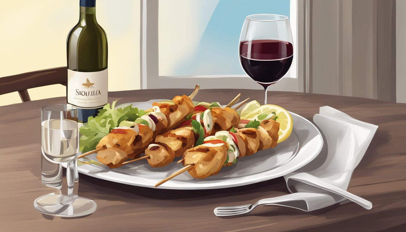 A table set with a plate of chicken souvlaki, a glass of white wine, and a bottle of red wine