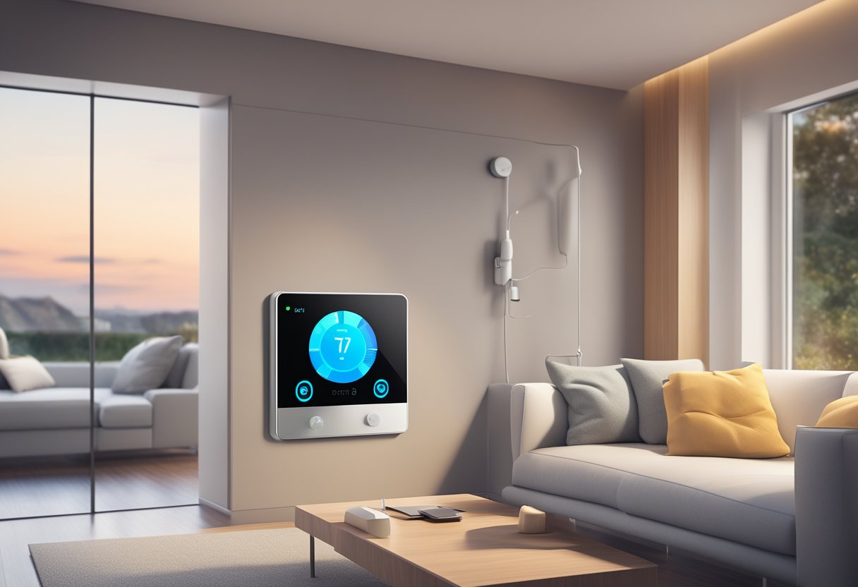 A sleek, modern smart home temperature sensor mounted on a wall, surrounded by futuristic home automation devices and a digital control panel