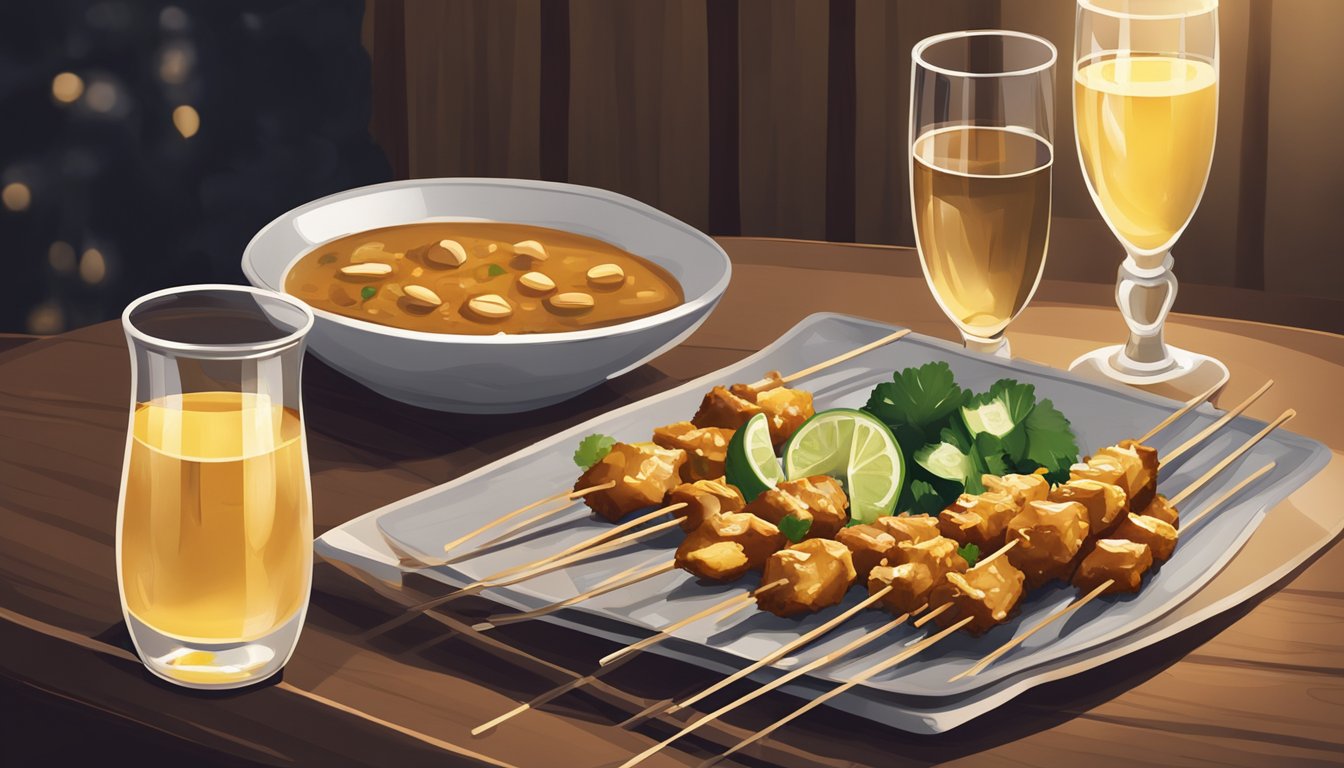 A plate of chicken satay skewers with peanut sauce, accompanied by a glass of white wine on a wooden table in a cozy, dimly lit restaurant