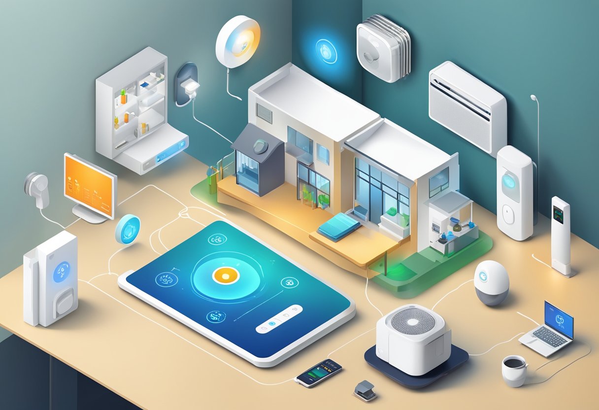 A smart home temperature sensor connected to various IoT devices, including a thermostat and mobile phone, showcasing the integration and connectivity of Chinese-manufactured technology