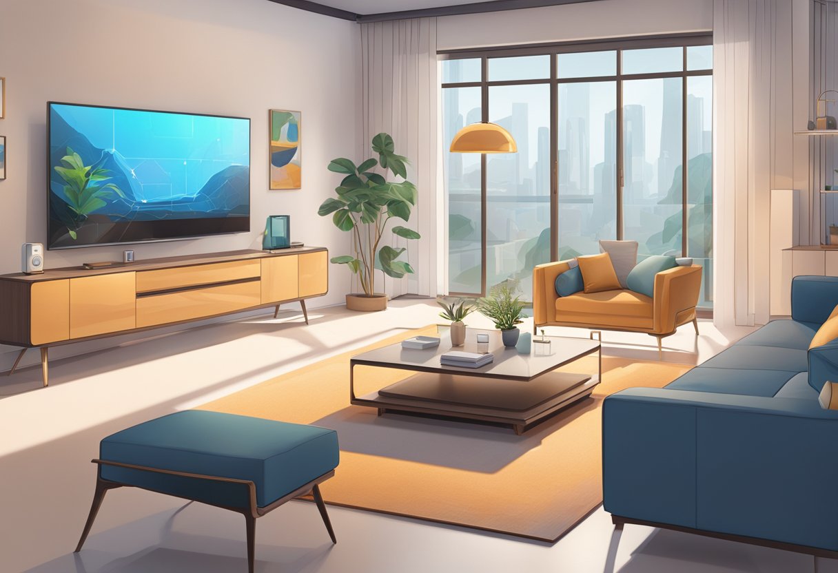 A modern living room with smart temperature sensors integrated into the environment, displaying Chinese-manufactured devices and a futuristic aesthetic