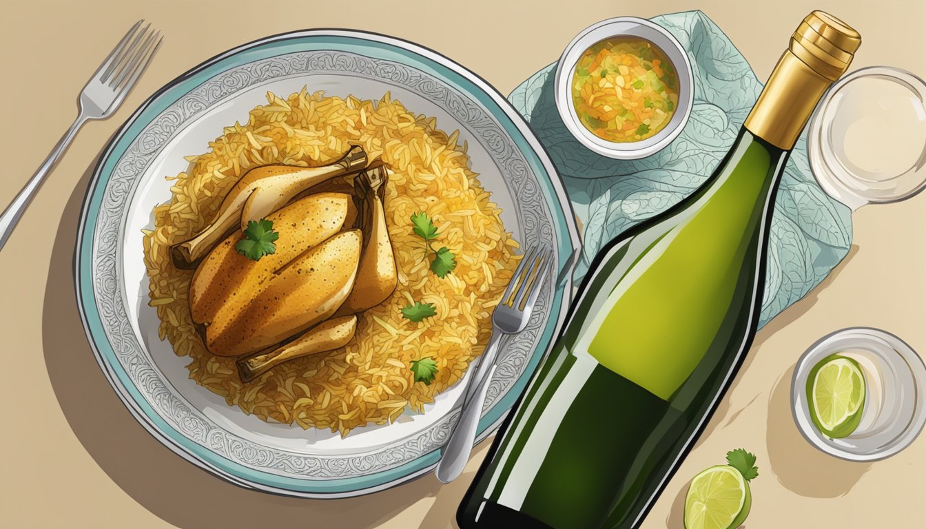 A bottle of white wine next to a plate of chicken biryani on a table