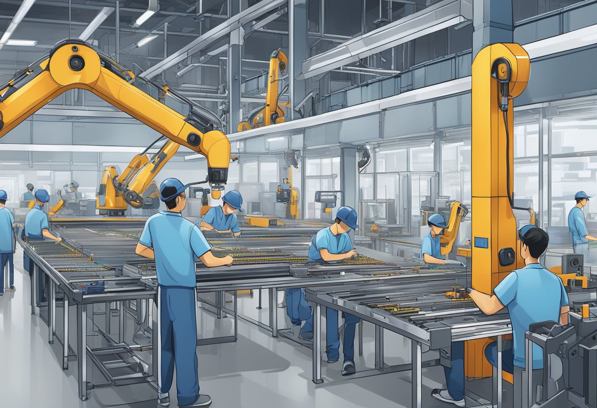 A Chinese factory floor busy with workers assembling smart home temperature sensors, with conveyor belts and robotic arms in motion