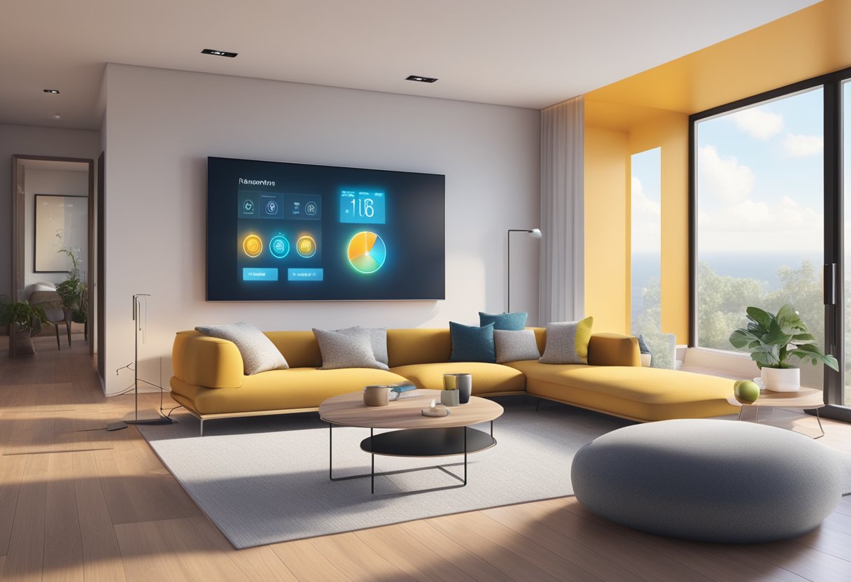 A modern living room with smart temperature sensors integrated into the walls and furniture, displaying data on a sleek digital interface