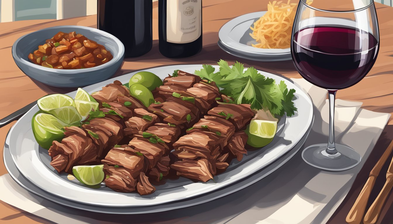 A table set with a plate of pork carnitas alongside a glass of red wine