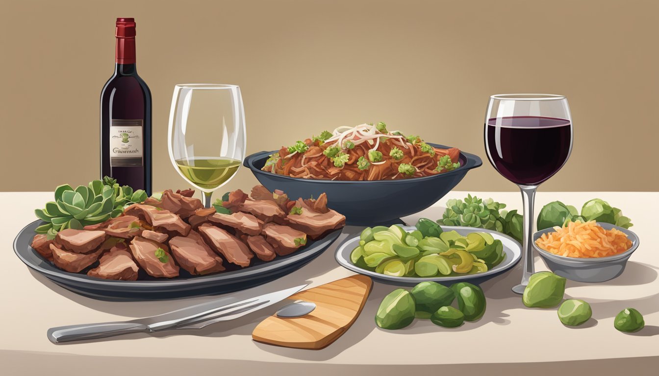 A table set with a platter of succulent pork carnitas, accompanied by a bottle of red wine and a glass