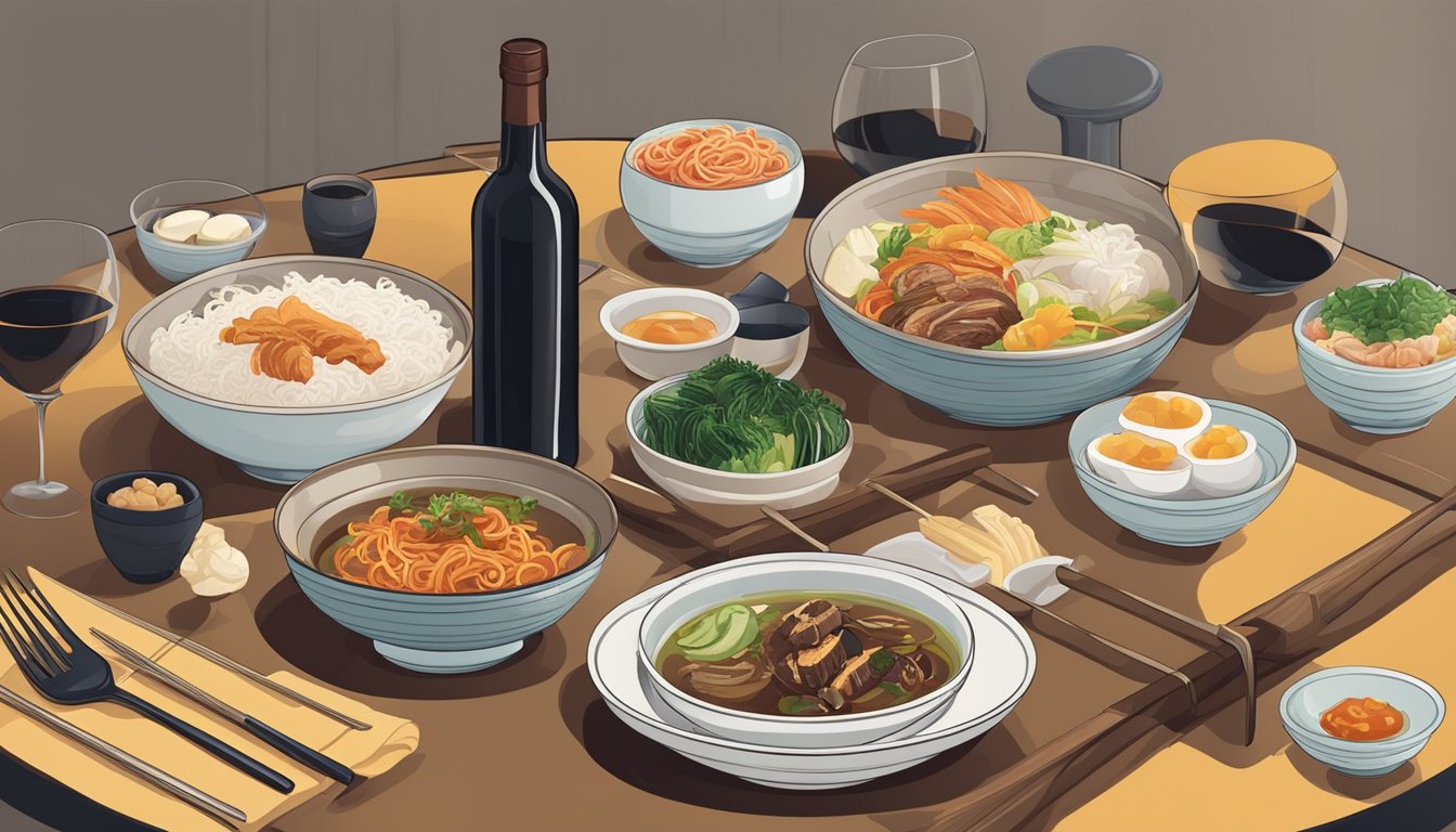 A table set with traditional Korean dishes and a bottle of wine