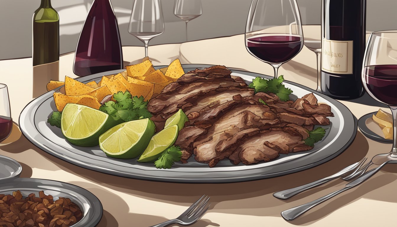 A table set with a platter of pork carnitas, accompanied by a bottle and glasses of red wine