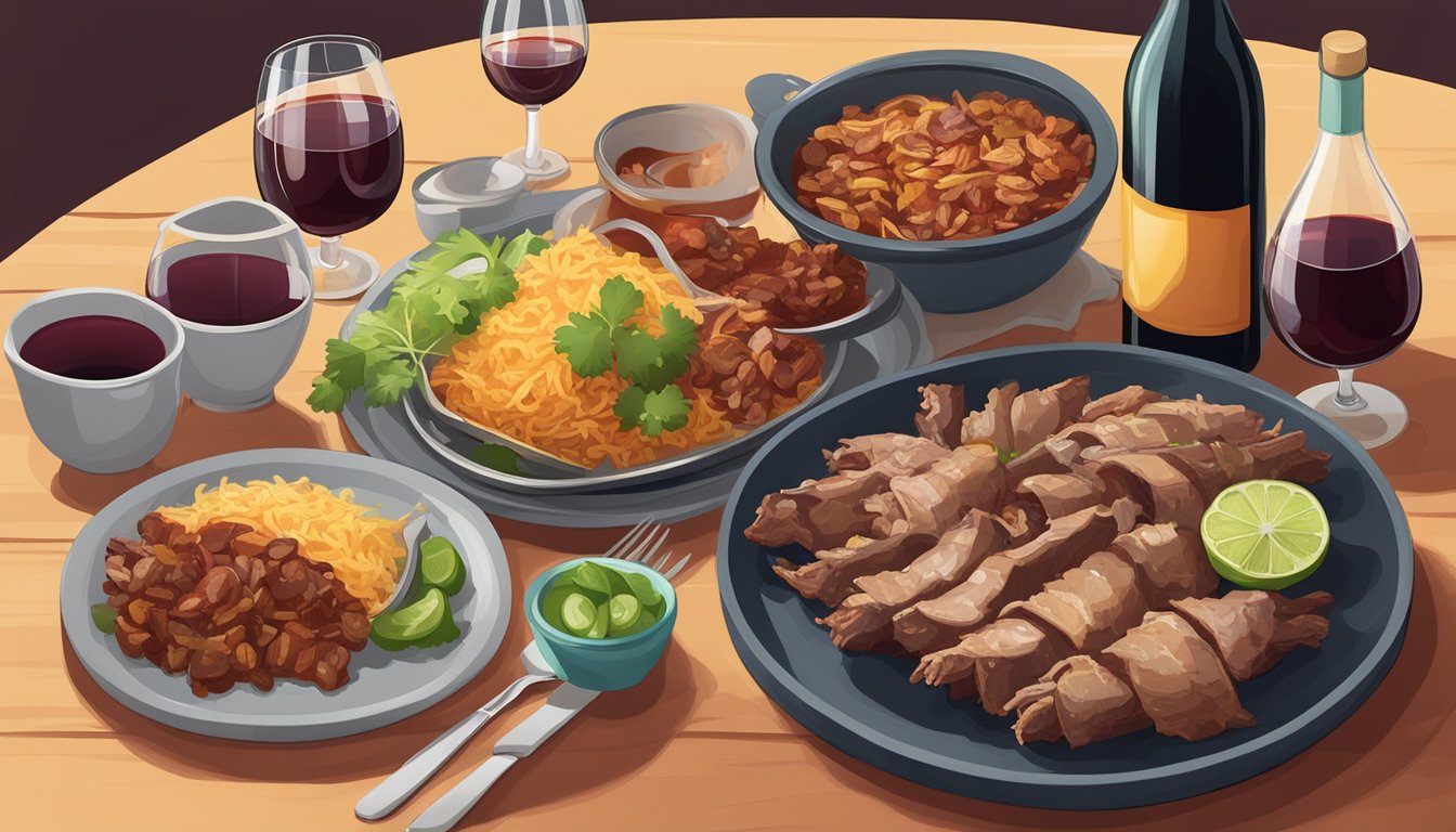 A table set with a steaming plate of pork carnitas and a bottle of red wine