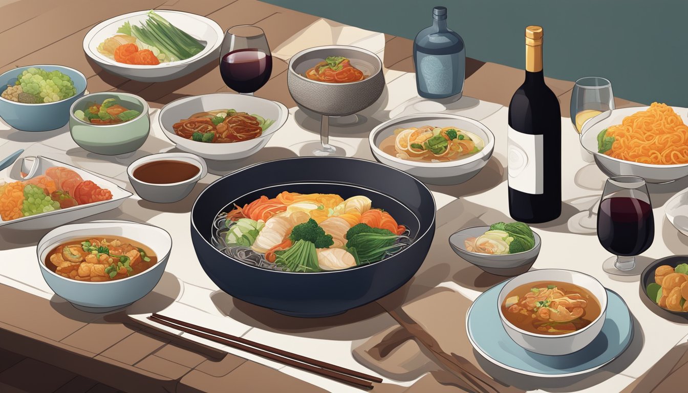 A table set with various Korean dishes alongside wine bottles and glasses