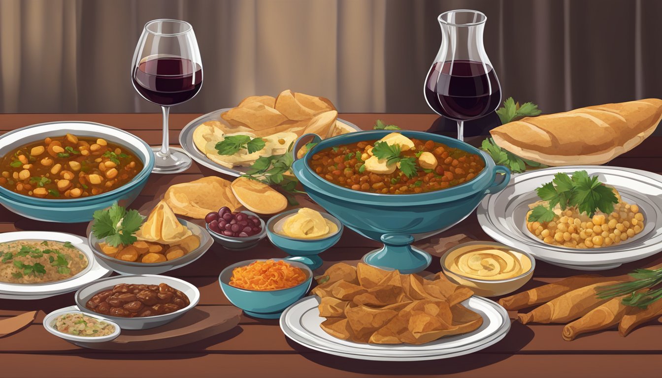 A table set with a spread of Yemeni dishes, accompanied by a bottle of red wine and a glass, with a warm, inviting ambiance